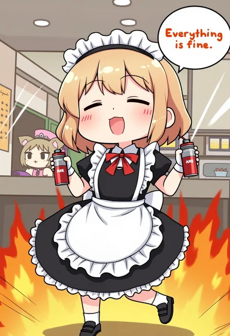 1girl, cartoon, kawaii face, chibi maid, dancing while holding gasoline cans, spraying gasoline, cafe, cafe on fire, view from front, maid uniform, facing viewer, singing, eyes closed, "Everything is fine" speech bubble, anthropomorphic dog wearing hat in background