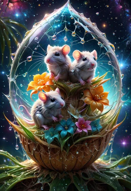 ais-webz, macro photo, sparkling magical fantasy glass flower dewdrop, bunch of tiny mice hiding inside a cocunut, very detailed, amazing quality, intricate, cinematic light, highly detail, beautiful, surreal, dramatic, galaxy fantasy colors, event horizon, by Leonid Afremov