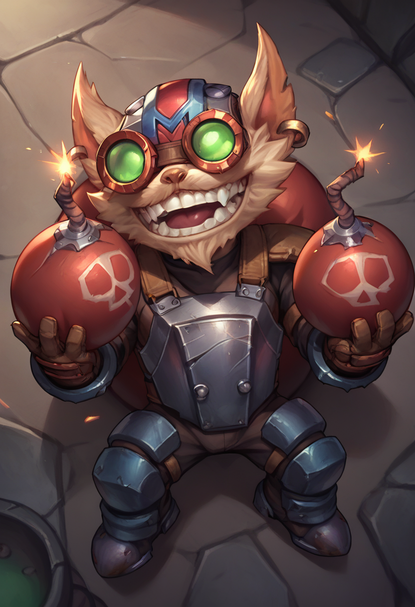 ,score_9, score_8_up, score_7_up, score_6_up,z1ggs, 1boy, male focus, yordle,armor, goggles, helmet, gloves, brown gloves,  <lora:Ziggs_Default_v1:0.9>, from above, holding bomb, bomb, grenade