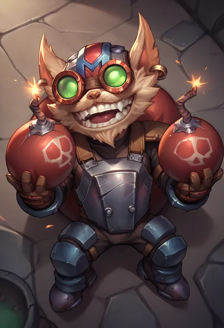 ,score_9, score_8_up, score_7_up, score_6_up,z1ggs, 1boy, male focus, yordle,armor, goggles, helmet, gloves, brown gloves, <lora:Ziggs_Default_v1:0.9>, from above, holding bomb, bomb, grenade