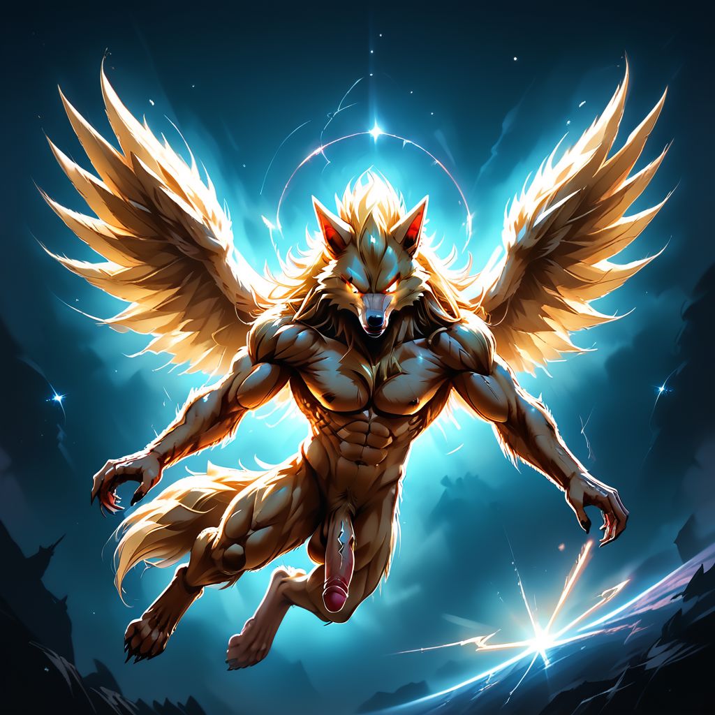 SCORE_9, SCORE_8_UP, SOURCE_FURRY, Expressiveh,  SSWW, GLOWING EYES, SUPER SAIYAN WEREWOLF, ANTHRO FURRY, LONG HAIR, FLYING, WINGS, HIGH RES, ANTIALIASING, VIVID TEXTURE, DETAILED BLACK PUPILS, BREAK. FULL BODY, (LARGE VAINY CANINE COCK:1.2), DISTANT GALAXY