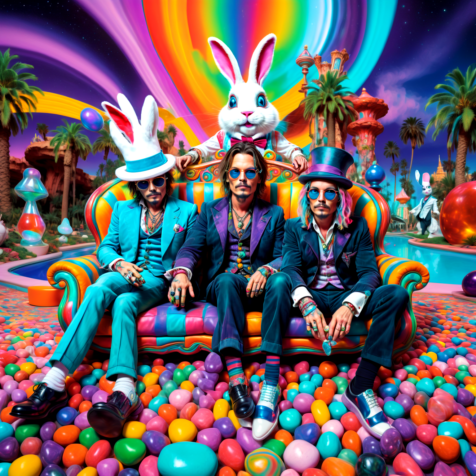 close up portrait,  (jonny depp:1.2) with his lawyer in wonderland and the white rabbit, stoned on a sofa in front of the belagio casino in las vegas, candy on the floor, universe background, psychedelic rainbow, crazy eye,in style of(bangerooo:1.15), 2d,