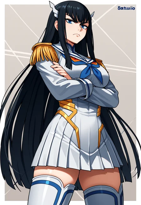 score_9, score_8_up, score_7_up, source_anime BREAK 1girl, looking at viewer, cowboy shot,
<lora:KiryuuinSatsukiDwnsty:0.8>, satsuki_def, epaulettes, neckerchief, blue eyes, black hair, sailor collar, white skirt, long sleeves, white footwear, thigh boots,
large breasts, skindentation, narrowed eyes, crossed arms, light frown, straight-on, from below,
abstract background, light particles, border,