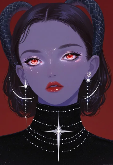 aaar7gl, 1girl, solo, horns, huge red eyes, slit pupil, (sparkle), jewelry, (red background), earrings, short hair, simple background, painting, drawing, parted lips, gleam, fashion magazine,  intriguing pose,  flying, blinking stars, snakes
