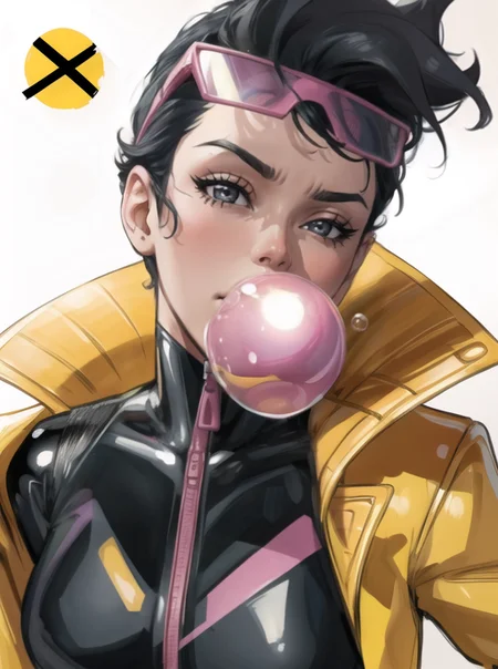 beautiful, (masterpiece:1.2), (best quality:1.2), perfect lighting, pov, close up, 1girl, jubilee, eyewear on head, black bodysuit, raincoat, blowing bubble, chewing gum, <lora:jubilee2-10:0.7>, foreshortening, depth,