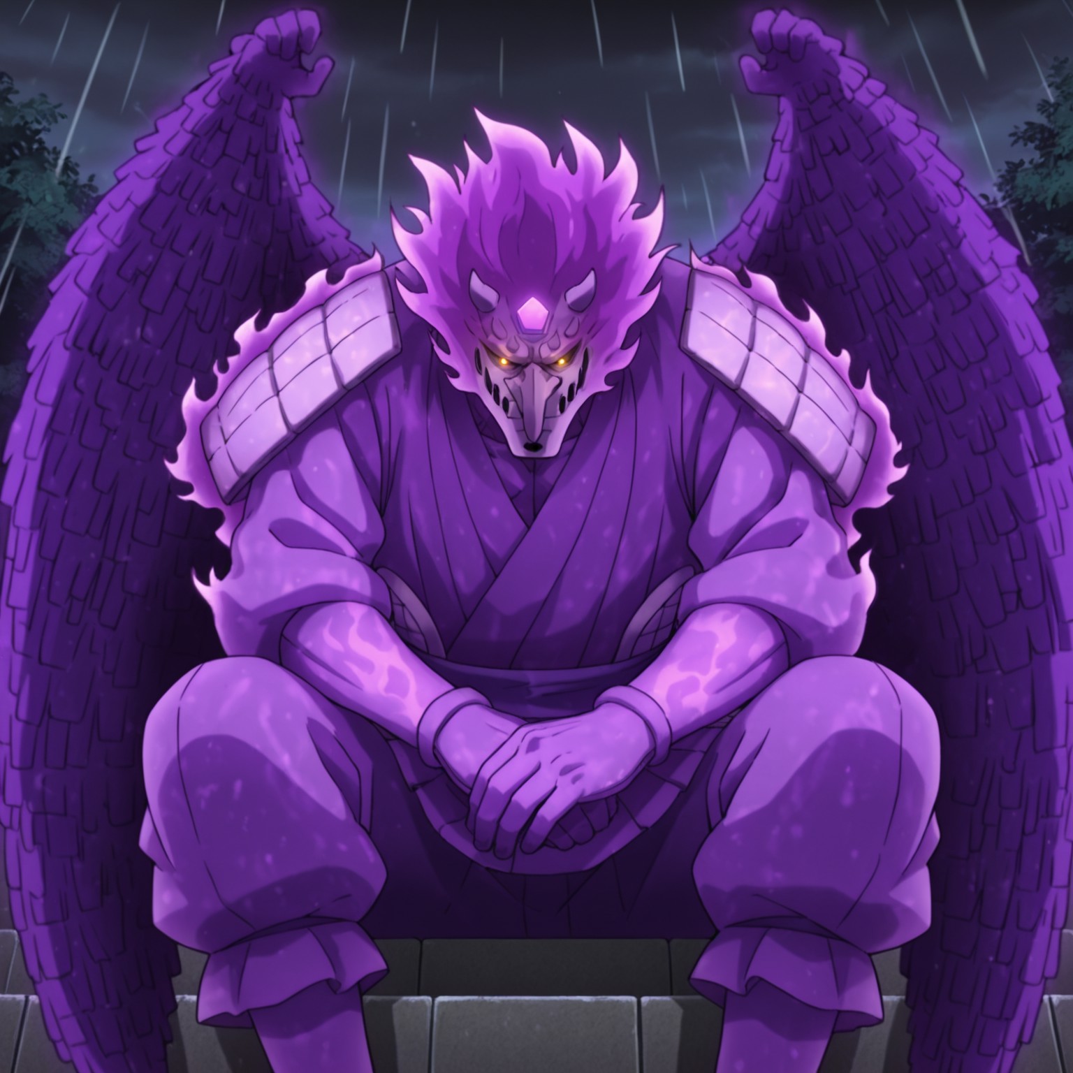 2d, 1boy, solo, Sasukesusanoo, humanoid, traditional yokai, wings, male, yellow eyes, glowing eyes, horns, purple theme, purple body, purple fire, flaming hair, long nose, wings, feathered wings, Japanese clothing, Japanese armor, glowing eyes, shoulder armor, purple arm guards, purple shoes, purple aura

BREAK sitting on steps, looking at viewer, outside, night, leaves, rain, hands together

BREAK best quality, amazing quality, very aesthetic, absurdres, newest, masterpiece, high quality