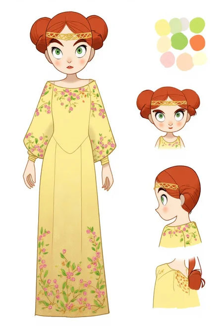 SecretKells, anime oil painting, full body portrait of a beautiful young woman with red hai,reference sheet,white background,simple background,multiple views, upper body, front, from side, color palette reference, wearing Padme Amidala Yellow Naboo Picnic Dress with Celtic design. Animated, stylized, detailed portrait, mystical atmosphere. delicate off-the-shoulder dress in a pale yellow fabric adorned with intricate floral embroidery in shades of pink and green. The dress has a fitted bodice and a flowing skirt, her hair in two side buns, Her head is adorned with a golden headpiece resembling a crown intricately woven with gold and adorned with small pink flowers, high_detailed, captured in high detail, CharacterDesignFLUX