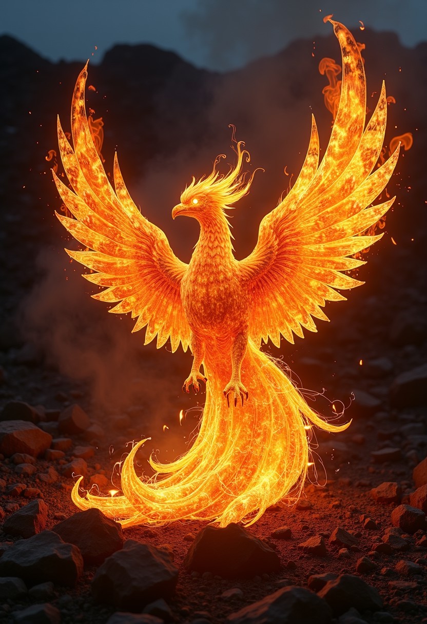A full shot of a (phoenix made of liquid fire:1.3), phoenix shape, flames, embers, sparks, smoke, warped, deformed, glowing, ultra detailed, photo, Canon M50, 200mm, volcanic background