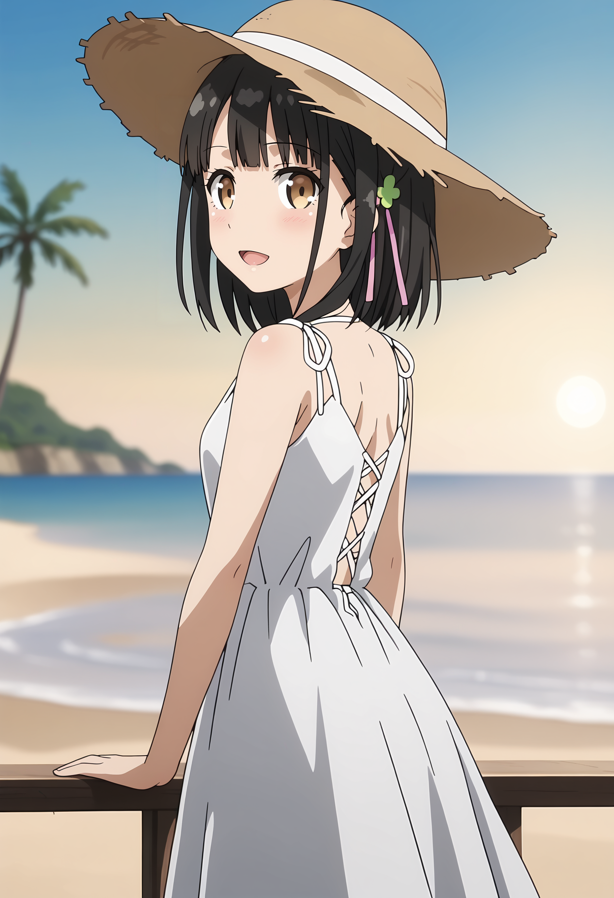 anime screencap,
<lora:OneRoom_HanasakaYuiXL:0.8>, HanasakaYui,
1girl, solo, open mouth, light smile,
medium hair, black hair, blunt bangs, brown eyes, clover hair ornament, hair ribbon,
YuiDress, sundress, sleeveless dress, white dress,
sun hat, straw hat,
from side, from behind, looking back, cowboy shot, standing,looking at viewer,
beach, horizon, water, palm tree, blurry background
