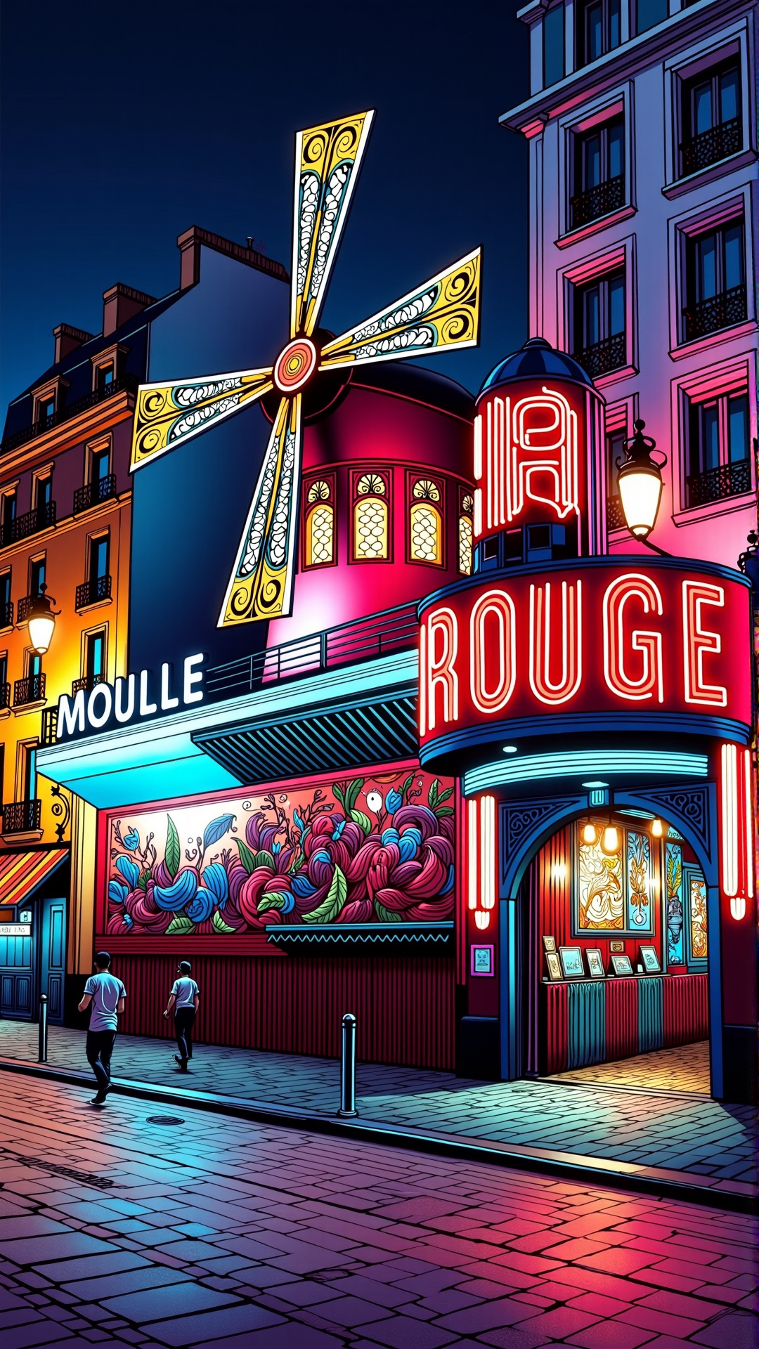 lineart, colorful, the vibrant and ornate facade of Moulin Rouge glowing at night in Paris<lora:NoctichromeFlux:0.75>
