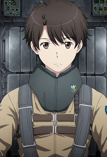 high resolution, solo, best quality, 1Boy, Inaho Kaizuka, Black Hair, Brown Eyes, Pilot, Fly, Jet, OverallDetail