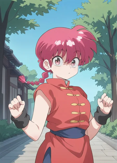 masterpiece, best quality, amazing quality, very aesthetic, absurdres, newest, detailed background, outdoors,
ranmaxd, 1girl, solo, red hair, braid, outdoors, tangzhuang, braided ponytail, chinese clothes, day, looking at viewer, single braid, sky, wristband, pink eyes, tree, blue sky
<lora:Ranma_Saotome_-_Ranma_12_Remake_Illustrious:1>