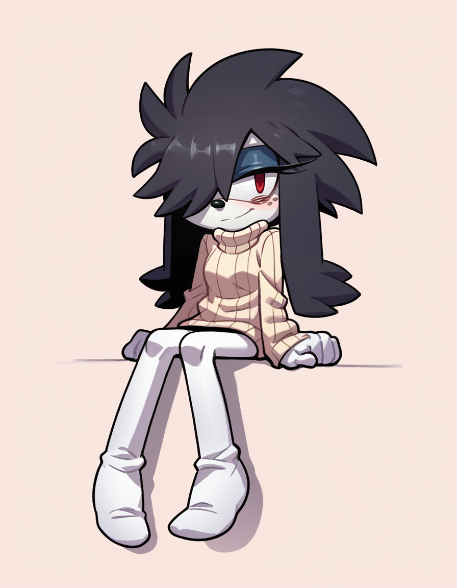 score_9, score_8_up, score_7_up, score_6_up, score_5_up, score_4_up, 1girl, full body, solo,
<lora:EvanStan-18:0.9> evnstnly, furry, sweater, turtleneck sweater, white leggings, no shoes, white gloves, sitting, blush, light smile, looking at viewer, flat chest, pantyhose, blue eyeshadow,, <lora:Furfrou_v2:0.8> furfrou, (dog ears, dog tail, dog girl), black fur, white skin, red eyes, jitome, bags under eyes, small breasts, freckles, hair over one eye, body freckles, half-closed eyes, tall female, skinny, very tall, lanky,