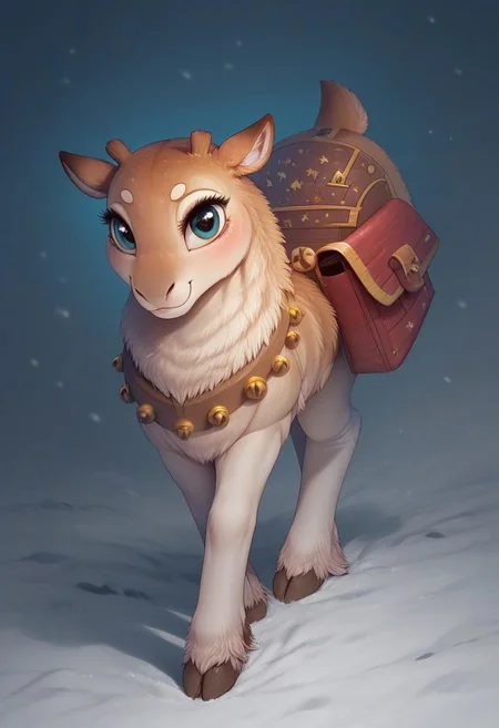 (ultra realistic, 32k, masterpiece:1.2), (high detailed skin:1.1), (high quality:1.1), source_furry,<lora:add-detail-xl:.5>, Furry, smooth image, score_7_up, score_8_up,score_9,perfect quality ,perfect shadows, perfect lighting, detailed body,detailed face,feral,reindeer, female, light Brown fur, seductive ,petite body,small woman,small antlers,cute,smile,safe,full body,