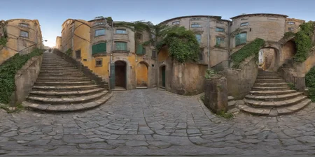 360panorama,Staircase leading to a building,Ascending,Early morning deserted,Weathered stone steps historical architecture,Golden hour light,Non-applicable,Realistic with a touch of nostalgia,Digital art,Architectural Illustration,Warm tones with hints of green from surrounding foliage,3D CGI,4K resolution,<lora:HMSG360è¡éXL-000006:1>,