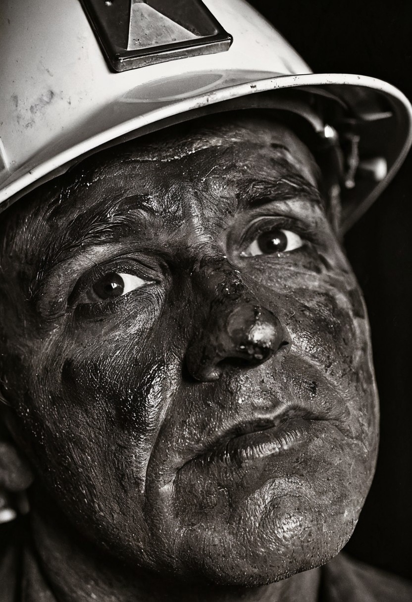 A close-up portrait photograph of a coal miner's face, focusing on his eyes beneath a coal-stained brow. His face is covered in black coal dust, creating stark contrast against the whites of his eyes. The miner wears a traditional hard hat with a headlamp, and his weathered skin shows traces of coal residue. The background is dark and out of focus, suggesting the underground mining environment. Black and white documentary photography with dramatic side lighting and sharp focus on facial features. 4k, intricate details, highly detailed, hyper-realistic, 8k RAW Editorial Photo. cinematic light, dramatic light, shallow depth of field, high budget, cinemascope film grain ISO 200 faded film, 35mm photo, grainy, vignette, vintage, Kodachrome,