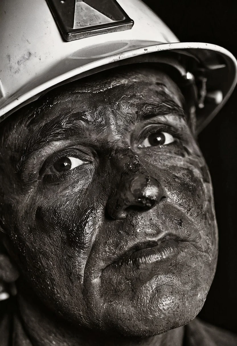 A close-up portrait photograph of a coal miner's face, focusing on his eyes beneath a coal-stained brow. His face is covered in black coal dust, creating stark contrast against the whites of his eyes. The miner wears a traditional hard hat with a headlamp, and his weathered skin shows traces of coal residue. The background is dark and out of focus, suggesting the underground mining environment. Black and white documentary photography with dramatic side lighting and sharp focus on facial features. 4k, intricate details, highly detailed, hyper-realistic, 8k RAW Editorial Photo. cinematic light, dramatic light, shallow depth of field, high budget, cinemascope film grain ISO 200 faded film, 35mm photo, grainy, vignette, vintage, Kodachrome,