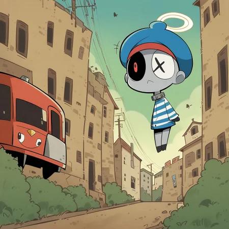 score_9,score_8_up, by Simon Hutt and Fujiko Fujio \(skchkko\), (solo:1.2), 1mutant, Insects humanoid, pale grey skin, Scenery, tired eyes, Red pupils, hidden nose, sharp teeth, Insect antenna, power lines, no humans, Blue Beret Cap, bandage arms, Blue striped simple Sweater Button Up robe, red Scarf, white halo, barbwire collar, shackles on wrist, excited and Screaming, Slightly Side View, San Francisco, Artist by Alexis Beaumont and Hiroyuki Imaishi, France hand drawn art, hand drawn illustration, Style of Yoojeong Bae and Fujiko Fujio, Flat 2D Art Style, Thick lineart, Art Style of Wuye Changjie and Hiroyuki Imaishi, digital artwork, Jungsu Lee parody, <lora:Alternative_lora:0.7>,<lora:TakeichiAbarayaArtistStyle_v10:0.2>, <lora:AlexisBeaumont-10:0.8>, <lora:SilviaDeVenturaArtist-19:0.2>, <lora:LewisTrondheimXLP_Style:1>, <lora:Kim_Pong_PongV2:0.9>, <lora: Powerpuff_Girls-XL:1>, <lora:Mutafukaz-000044:0.8>