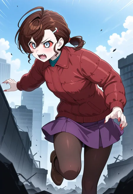 1girl,Inuyama Mana(GeGeGe no Kitarou),solo,post-apocalypse,1 hair tie,screaming,(fangs:1.2),pale skin,Sneak Attack pose,(lavenderblush skirt:1.2),crimson (Down jacket:1.5),(Placket jacket:1.3),(red sclera:1.5),red fingernails,(single hair intake:1.5),wavy hair,swept bangs and (hair pulled back:1.2),hair between eyes,(low ponytail),Ahoge,(Brown:1.5) medium hair,sideburns,Brown ankle boots,pantyhose,1 silver hairpin,(grey eyes),masterpiece,best quality,amazing quality,perfect