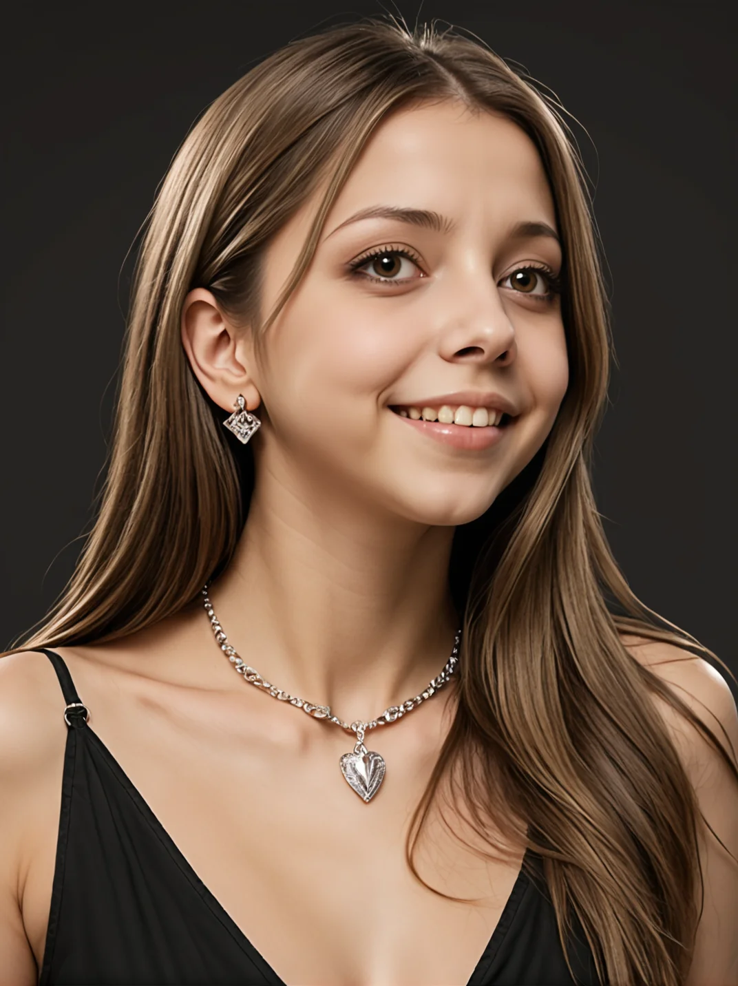 felicitysynthxl, solo, face focus, from the side, leaning over, long hair, simple background, brown hair, brown eyes, jewelry, parted lips, teeth, necklace, lips, black background, realistic, neutral expression