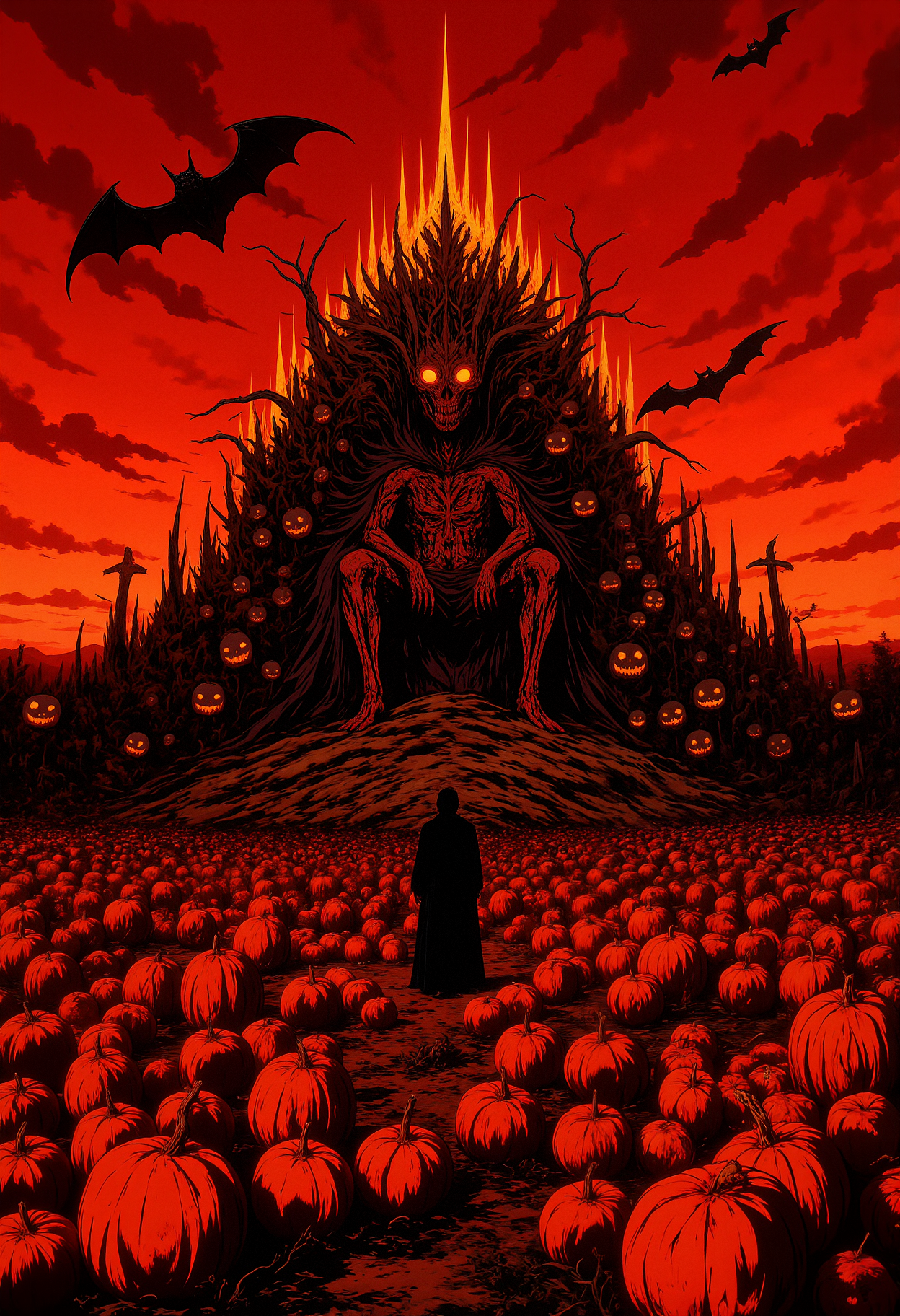 A massive, intricately carved pumpkin palace standing in the middle of a vast pumpkin patch. The palace is made entirely of glowing jack-o'-lanterns, each carved with unique, spooky faces. At the center of the palace is a giant throne carved out of a single enormous pumpkin, with tendrils curling around it. The sky is a deep, fiery orange, and bats are flying around the palace. The atmosphere is festive yet eerie, with flickering candlelight illuminating the jack-o'-lanterns, casting long shadows across the pumpkin field.  <lora:anime_martzv2:0.53> anime_martz,  <lora:FLUX-daubrez-DB4RZ:0.33> DB4RZ, DB4RZ style painting,  <lora:NeonFantasyFLUX:0.73> ne0nfant4sy,
