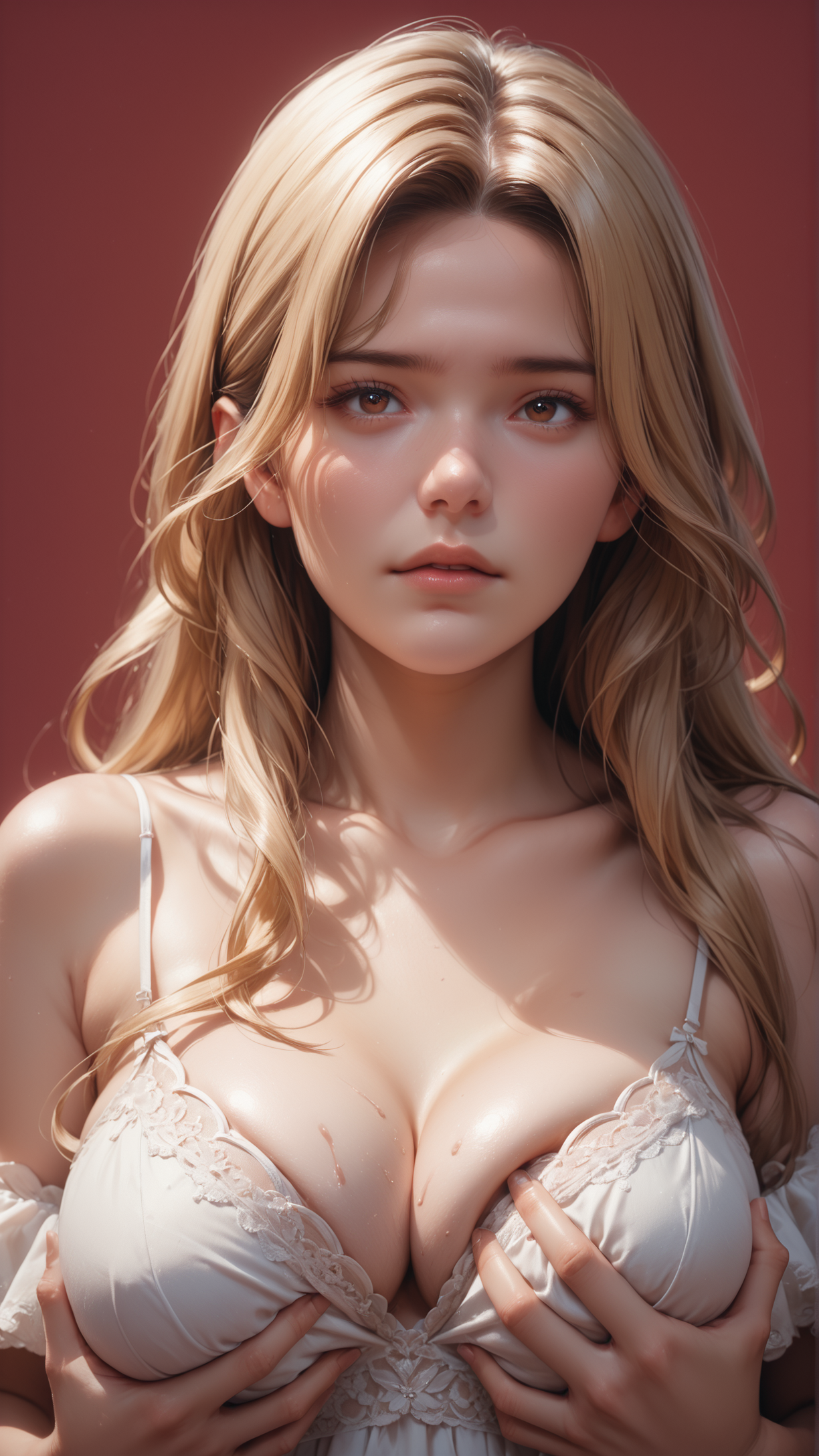 score_9, score_8_up, score_7_up, score_7, score_6_up, score_5_up, (front view:1.2), hair falling into face, long bangs, side parted bangs,dark_brown eyes, looking to viewer, beautiful woman portrayed in her naturalness:sensual,noble,pure and self-confident,sporty, long hair, bangs,hime cut, blonde hair, wearing a lace dress, spaghetti straps, off the shoulder, breasts exposed, lustful face expression, soft moan, girl next door look, cheeky red background, passion, joy,flirty, rej-grpngbrst, groping both breasts, lush breasts  <lora:reijpose-gropingbreasts:1>