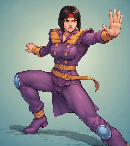 score_9, score_8_up, score_7_up, score_6_up, karai, 1girl, solo, short hair, green eyes, large breasts, black hair, purple costume, cameltoe, bob cut, lipstick, video game style, tournament fighters, fighting stance, <lora:Karai_Pony:1>