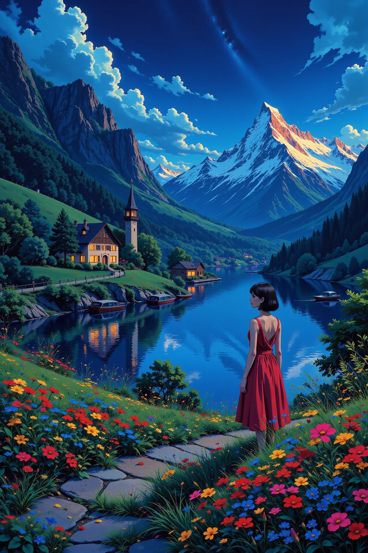 Swiss beautiful landscape, evening, woman, very intricate, very detailed, sharp, bright, colorful, <lora:Hand v2:0.5> <lora:Anti-Blur:1><lora:Insane Detail Slider:0.25>  <lora:flux.1_lora_flyway_Epic-detail_v2:0.3> <lora:fluxenhancer:0.25> <lora:ROWER:0.6> <lora:flux-charmer-v1-1:0.4>>  <lora:Anime_style:0.8> anime style