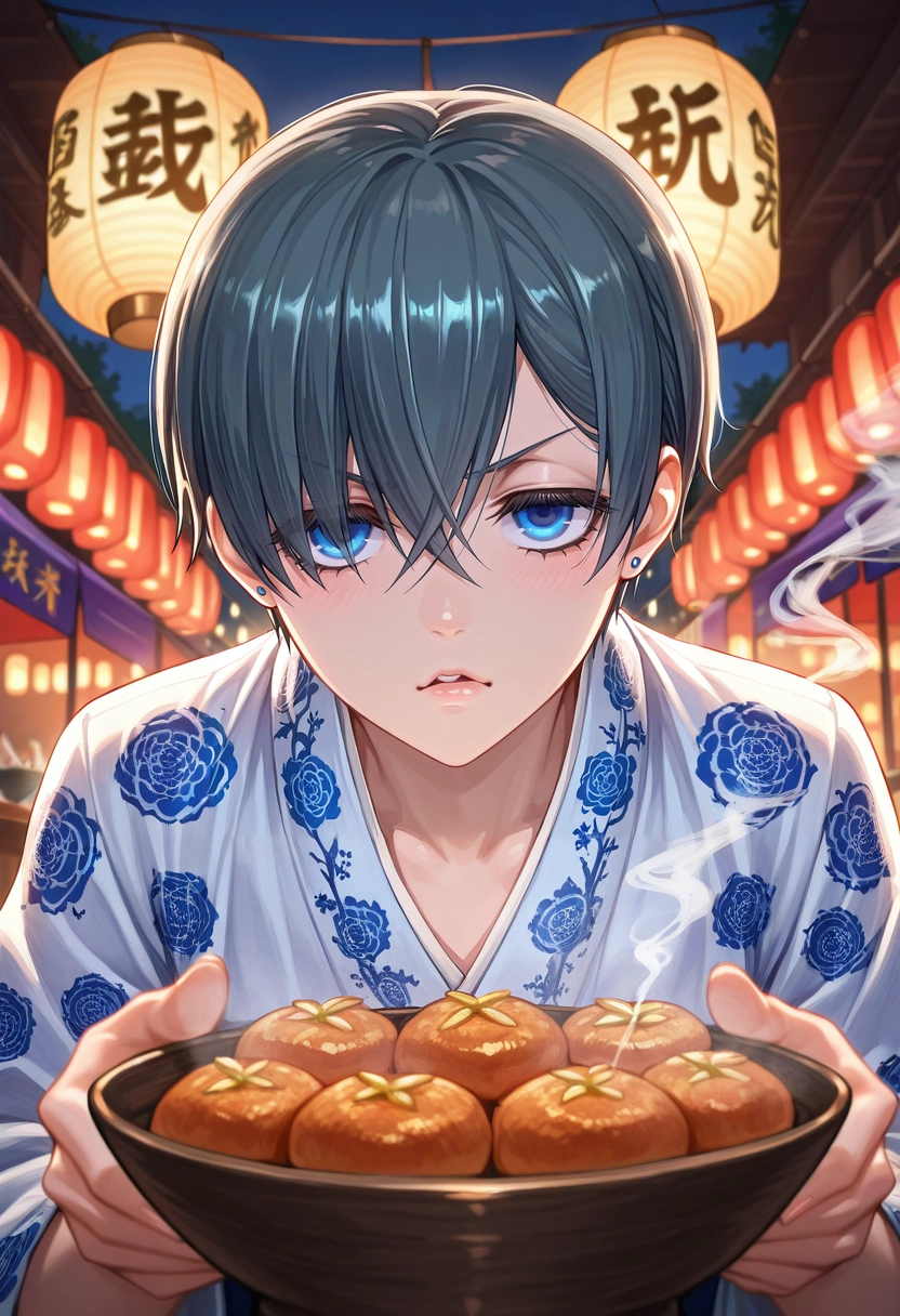 masterpiece, best quality, intricate details, semi-realistic, , 1boy, solo, male focus, <lora:ciel_phantomhive_ilxl:1>, ciel_phantomhive, black hair, blue eyes, short hair, , night market, paper lanterns, food stalls, incense smoke, browsing pose, hungry expression, evening,