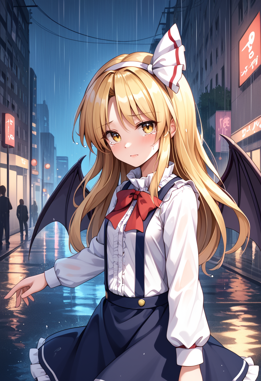 score_9_up, score_8_up, score_7_up, BREAK source_anime, (masterpiece), (best quality), 1girl, kurumi (touhou), wings, long hair, bat wings, blonde hair, yellow eyes, bow, shirt, skirt, black suspenders, white hair band, long sleeves, looking at viewer, crying, closeup upper body, (ultra detailed), shine, (from side:0.6), new york street, night, rainy, tears, wet, <lora:kurumi(touhou)-V1:1>