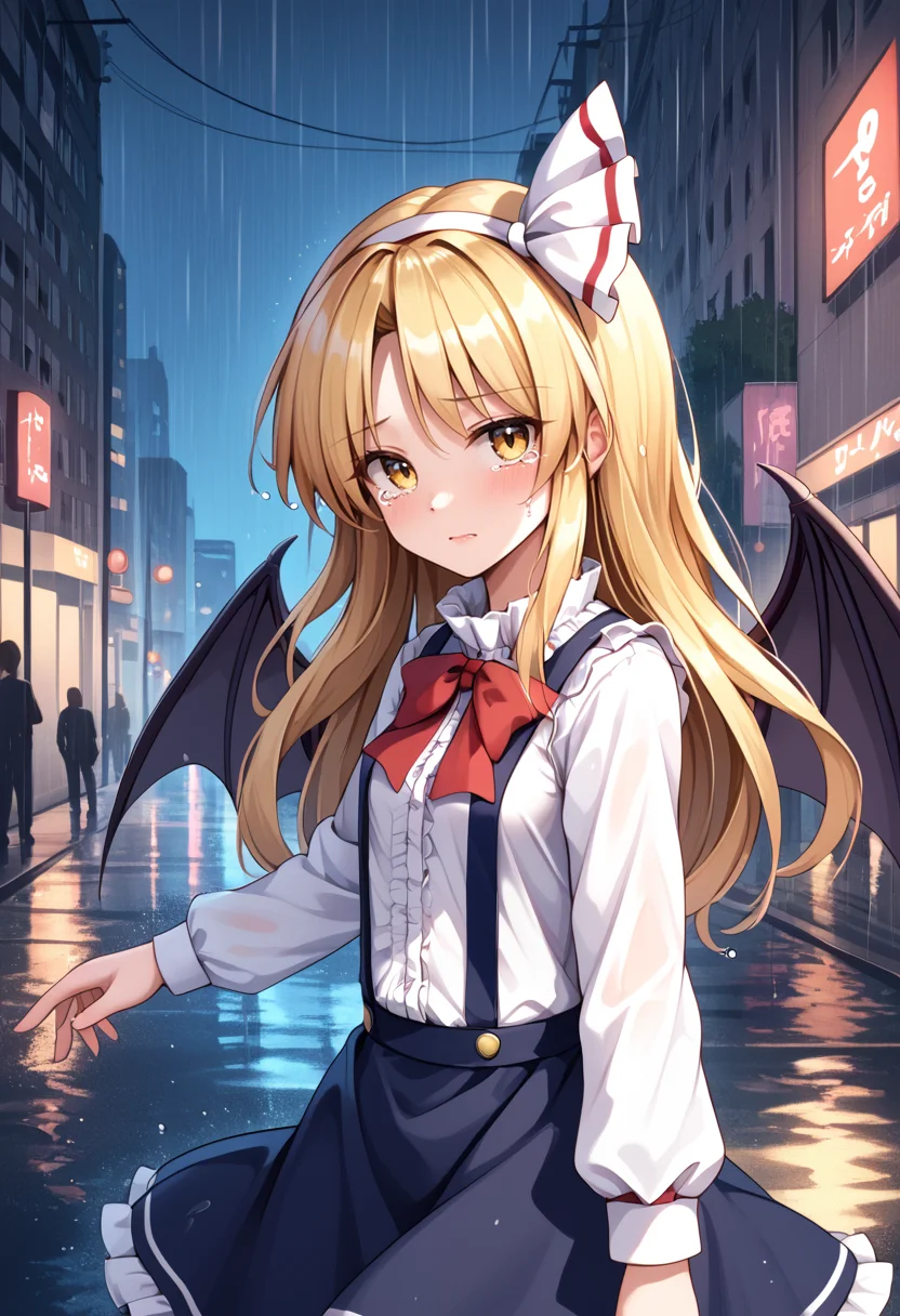score_9_up, score_8_up, score_7_up, BREAK source_anime, (masterpiece), (best quality), 1girl, kurumi (touhou), wings, long hair, bat wings, blonde hair, yellow eyes, bow, shirt, skirt, black suspenders, white hair band, long sleeves, looking at viewer, crying, closeup upper body, (ultra detailed), shine, (from side:0.6), new york street, night, rainy, tears, wet, <lora:kurumi(touhou)-V1:1>