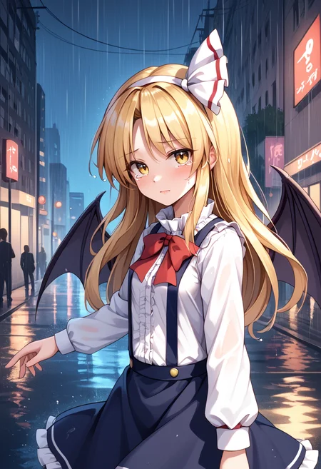 score_9_up, score_8_up, score_7_up, BREAK source_anime, (masterpiece), (best quality), 1girl, kurumi (touhou), wings, long hair, bat wings, blonde hair, yellow eyes, bow, shirt, skirt, black suspenders, white hair band, long sleeves, looking at viewer, crying, closeup upper body, (ultra detailed), shine, (from side:0.6), new york street, night, rainy, tears, wet, <lora:kurumi(touhou)-V1:1>