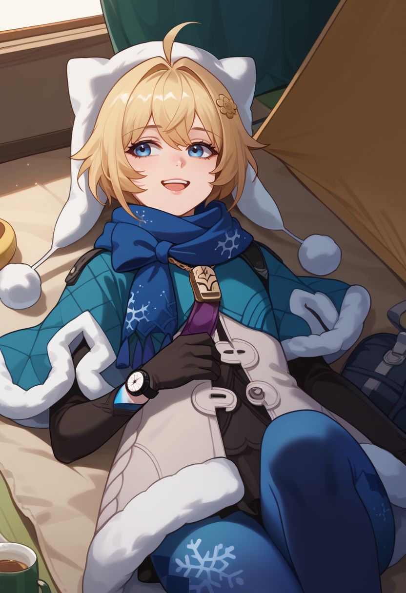 score_9, score_8_up, score_7_up, source_anime, 1girl, lynxlandaudef, blue eyes, blonde hair, short hair, ahoge, hat, blue scarf, fur trim, fur-trimmed capelet, blue capelet, white jacket, winter clothes, blue pantyhose, snowflake print, black elbow gloves, watch, fur-trimmed boots, lying, on back, sleeping bag, tent, smile, open mouth, close-up, upper body, <lora:LynxLandau_v1-000010:1>