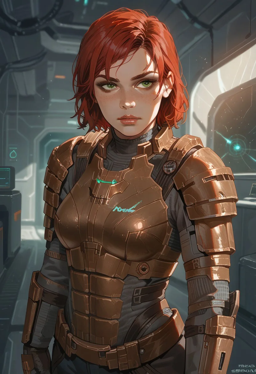 score_9,score_8_up,score_7_up,score_6_up,femshepxl,
green eyes,red hair,dead space, armor gloves boots
science fiction,facility,