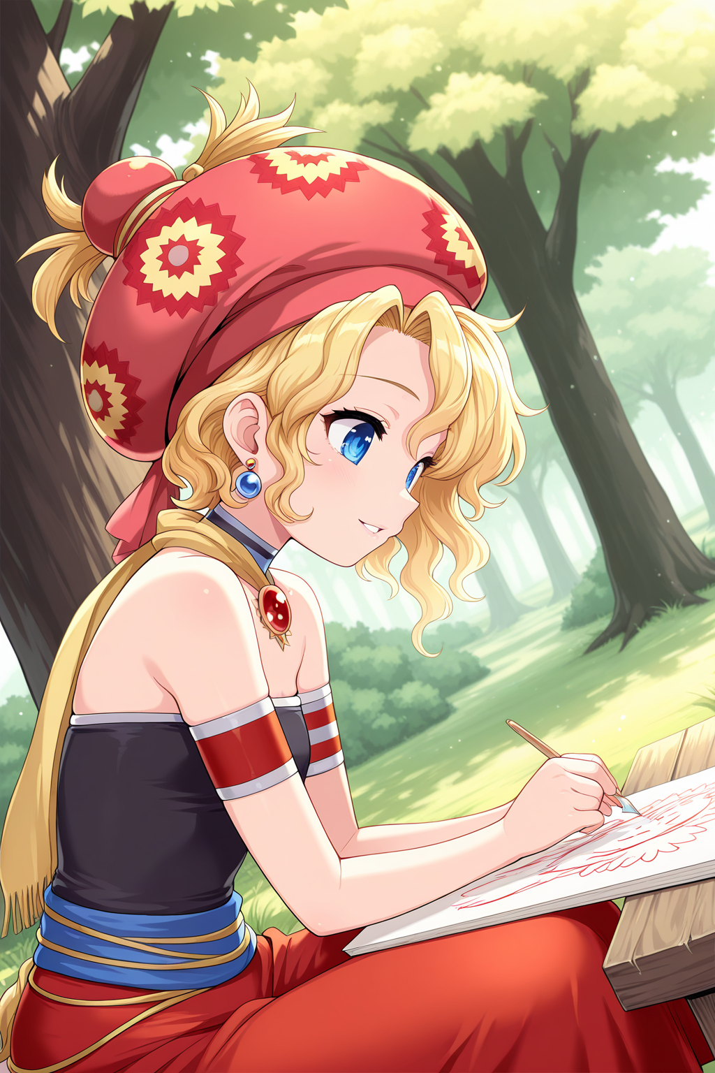 1girl, RelmArrownyFinalFantasy, 
general, solo, dutch angle, from side,
short hair, blonde hair, wavy hair, blue eyes,
hat, earrings,
choker, jewelry, scarf, 
armband, 
strapless,
sitting, looking at object, smile, parted lips, drawing, 
fantasy, outdoors, spring, tree, 
<lora:kp_RelmArrownyFinalFantasyIllustrious_v1_0:1.0>,
masterpiece, best quality, amazing quality