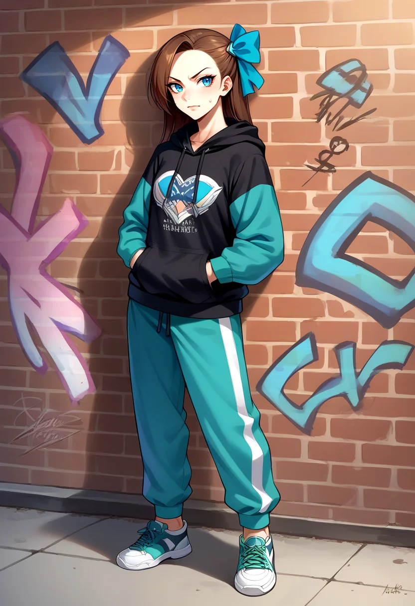 score_9, score_8_up, source_anime, 1girl, solo, KatarinaClaes, long hair, asymmetrical bangs, hair bow, urban and street style, graffiti-inspired colors, cool and edgy attire, sweatpants, hoodie, stylish sneakers, fashionable accessories, hip hop jewelry, confident expression, graffiti walls, energetic and vibrant atmosphere, <lora:CHAR-KatarinaClaesPonyXL:1>