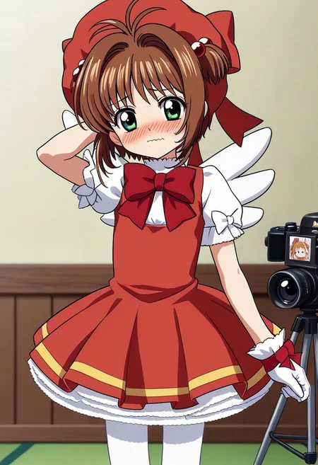 1girl, solo, Kinomoto_Sakura, green_eyes, brown_hair, short_hair, antenna_hair, hair_intakes, flat_chest, hair_bobbles, magical_girl, white_gloves, red_dress, puffy_sleeves, red_bow, white_pantyhose, frills, red_headwear, white_wings, indoors, cameras, studio, hand behind head, blush, wavy mouth, looking at viewer