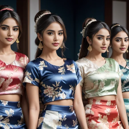 (full body shot) cute group of indian women wearing a Japanese-inspired prints (e.g., Shibori) satin_teeshirt, Ponytail hair style, hyperdetailed photography,4k textures,intricate details,4k resolution classroom scene, ((dark cinematic still)) <lora:satin_teeshirt_v1:0.7>