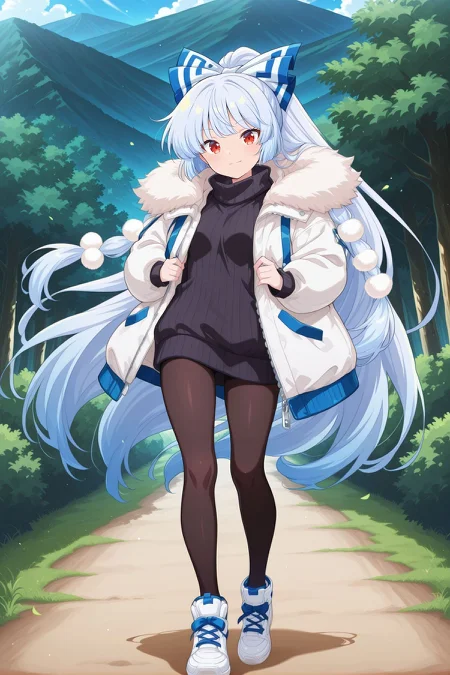 absurdres, highres, masterpiece, best quality, amazing quality, official anime artwork, screencap, anime screencap, outdoors, looking at viewer, light smile, dynamic pose, standing,
<lora:Fujiwara-no-Mokou_IllustriousV2:1>  fujiwara no mokou, 1girl, solo, red eyes, blue hair, white hair, very long hair, small breasts, fujiwara no mokou \(hourai heat pump\), alternate hair color, alternate hairstyle, alternate costume, pom pom \(clothes\), pom pom hair ornament, white coat, fur-trimmed coat, long sleeves, zipper, open coat, black sweater, black pantyhose, white sneakers, hands up,