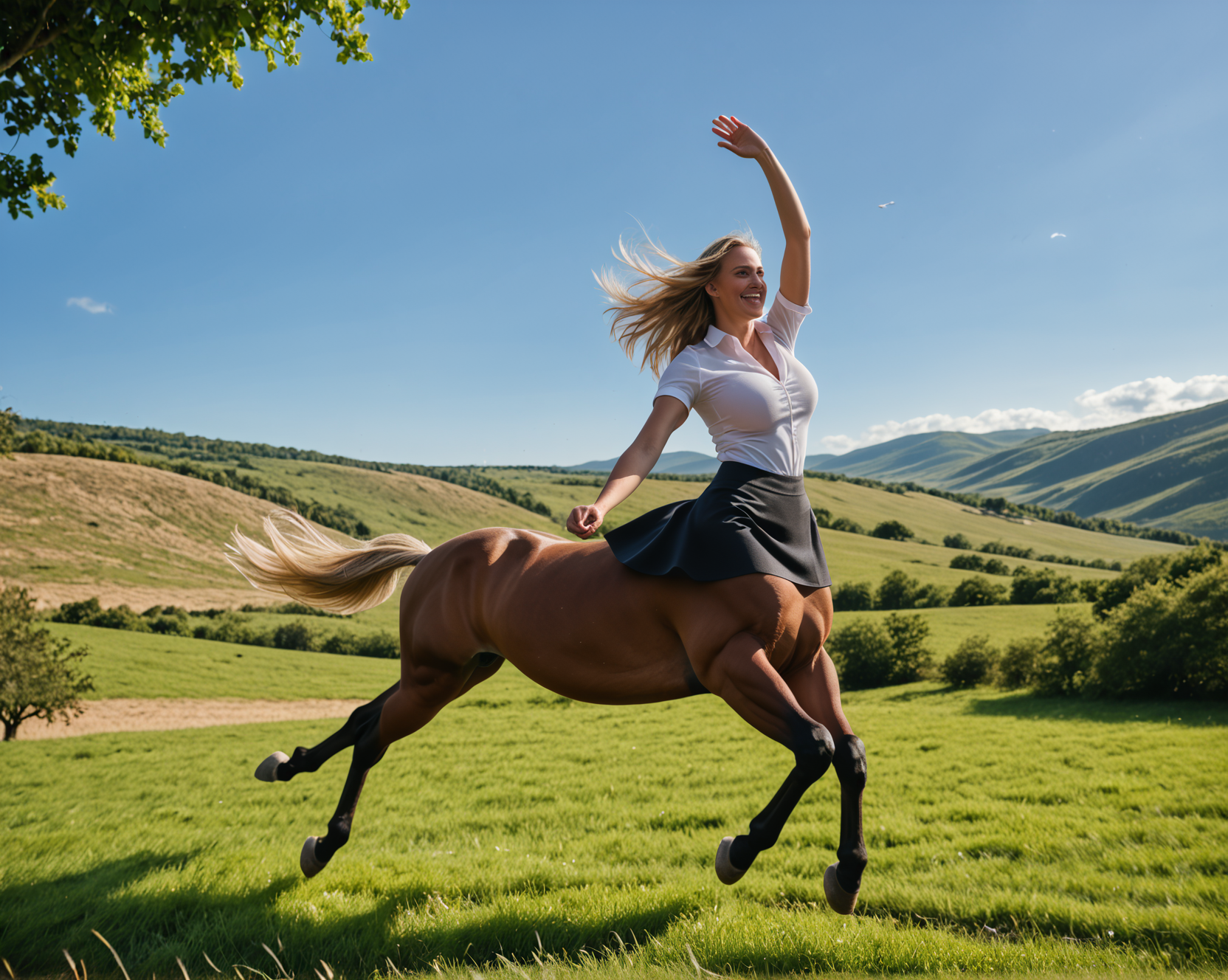 Stable_Yogis_PDXL_Positives, 
(running female centaur), from below, full body, from side, solo, 
fit body, blonde hair, big breast, 
(big horse body, four legs, hooves, brown fur, detailed fur), 
white shirt, black skirt, 
running, jumping, hand on head, smile, strong wind, 
valley, field, grass, sky, tree, 
masterpiece, best details, best effects, photoreaslistic, 
<lora:centaurs_7_5e_pony_prodigy_1:0.75>