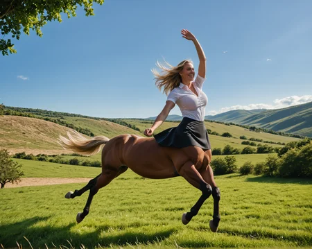 Stable_Yogis_PDXL_Positives,
(running female centaur), from below, full body, from side, solo,
fit body, blonde hair, big breast,
(big horse body, four legs, hooves, brown fur, detailed fur),
white shirt, black skirt,
running, jumping, hand on head, smile, strong wind,
valley, field, grass, sky, tree,
masterpiece, best details, best effects, photoreaslistic,
<lora:centaurs_7_5e_pony_prodigy_1:0.75>