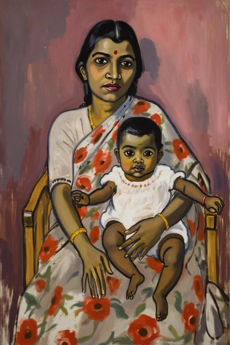 aliceneel1 painting. 
A dark-skinned Indian woman sits on a wooden chair with a gentle, introspective expression. She wears a traditional saree with floral patterns. She is holding a baby in her lap.
 <lora:aliceneel1_cap_d6a3e12:1.0><lora:842439336969402471:0>