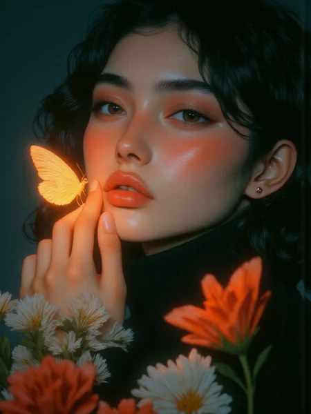 ultra-realistic (8K UHD, RAW photo) portrait of an 18-year-old Korean girl with finely detailed, exquisite features. She has incredibly soft, flawless skin with a delicate texture that highlights her beauty, enhanced by subtle film grain for a natural, DSLR quality look. Captured in cinematic light, her hand is raised close to her mouth, where a gentle butterfly perches on her fingers, adding a sense of calm and elegance to the scene. The background is softly blurred with volumetric fog, bringing sharp focus to her face and hand, while cool color tones enrich the depth and tranquility of the moment. The lighting and shadows are masterfully rendered to create a refined, cinematic composition with intricate details, capturing the serene atmosphere and subtle elegance in perfect harmony. aidmaimageupgrader, aidmaMJ6.1m, detailmaximizer, mythp0rt <lora:aidmaImageUpgrader-FLUX-V0.2:1.0> <lora:flux.1_lora_flyway_Epic-detail_v2:0.8> <lora:aidmaMJ6.1_aidmaMJ6.1-FLUX-v0.4:0.6> <lora:v1v1dr34m:0.7> <lora:mythp0rt_FluxMythP0rtr4itStyle:0.7> <lora:FLUX-Vintage_Abstract_Film:0.7> <lora:Dreamy_Illustrations_FLUX_LoRA-000001:0.7>