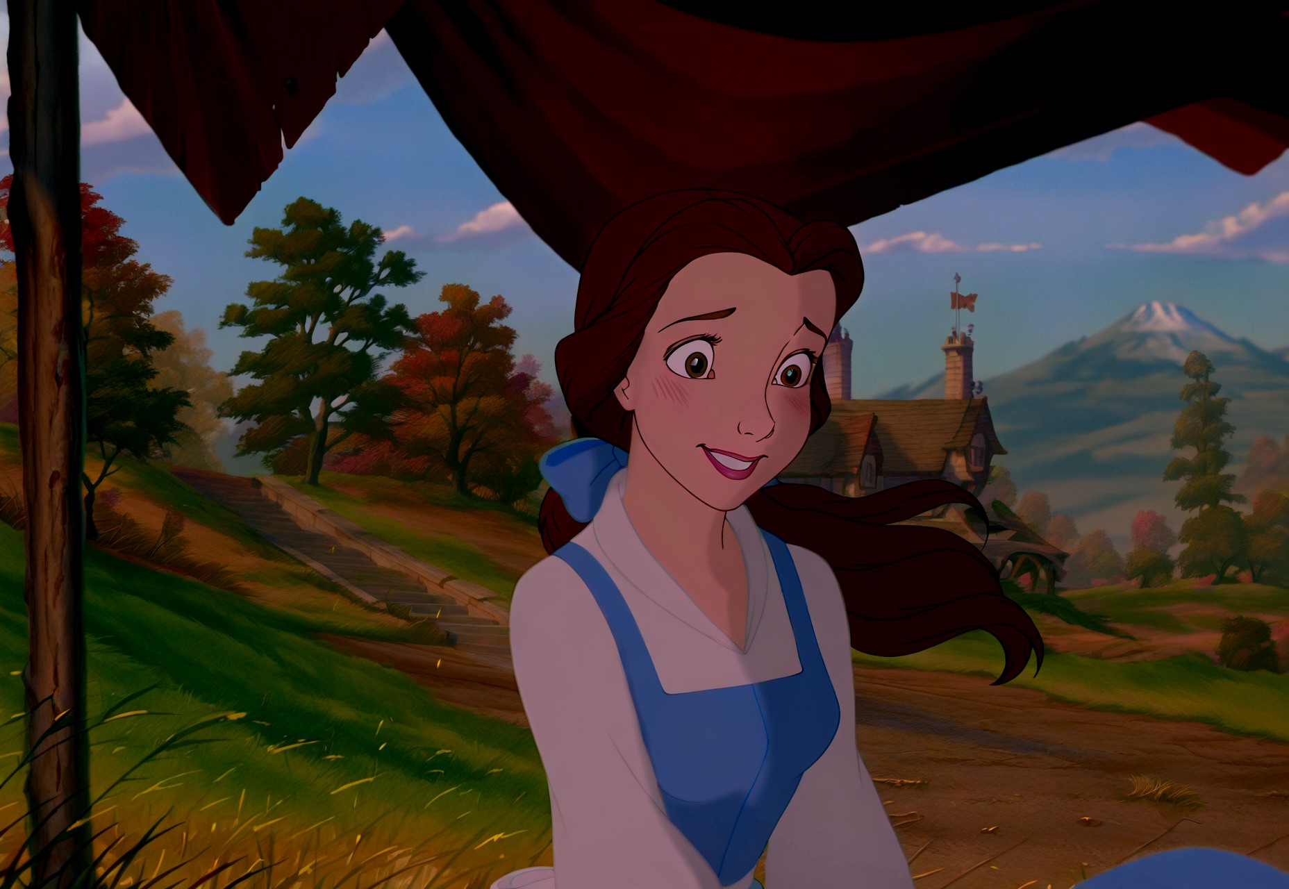 masterpiece, absurdres, highres, (anime screencap:2, anime coloring:2), on-model, accurate art style, show accurate, cartoon screencap, movie accurate, official screencap, style parody, flat colors, official art, proper proportions, extremely detailed, newest, BREAK, 1girl, girl is 25, mature girl, mature female, belle (character), long hair, brown hair, bow, ponytail, hair bow, blue bow, brown eyes, lipstick, blush, blue dress, dress, shirt, white shirt, white apron, smile, standing, arms open wide, BREAK, detailed background, outdoors, open field, grass, wind, day, BREAK, vibrant colors, cinematic lighting, 75% soft lighting, 25% dark lighting