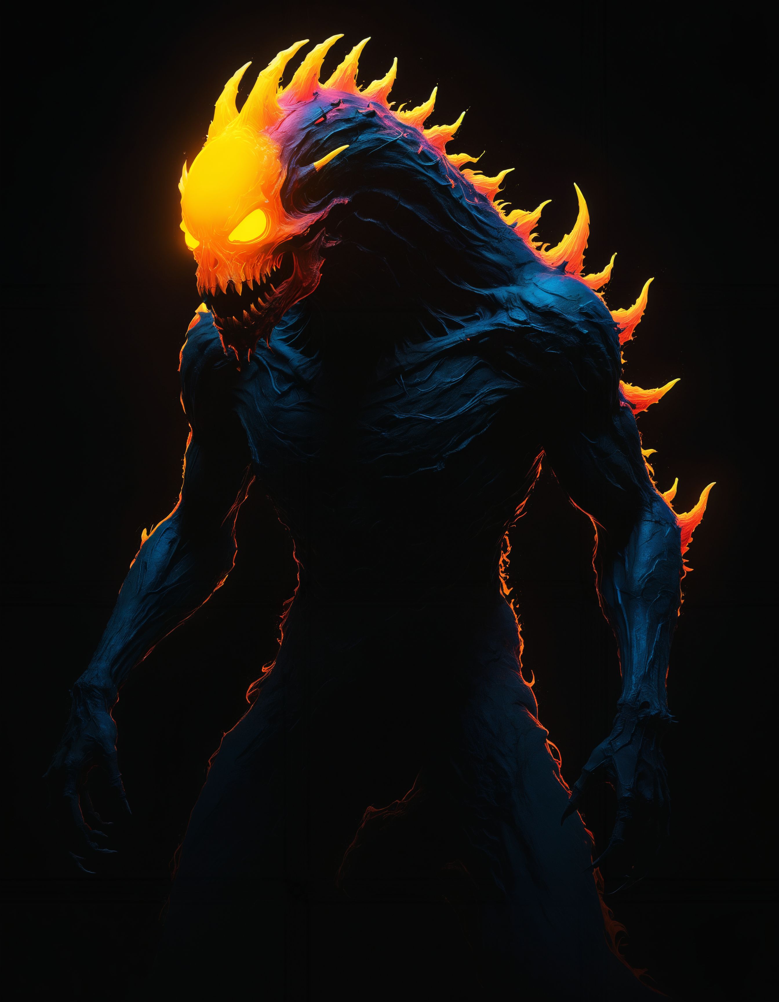 an gargantuan infernal otherworldly monstrous creature with a glowing neon head in the style of neon silhouette contrast, 
<lora:xl_more_art-full_v1:0.5> <lora:- SDXL - vanta-black_contrast_V3.0:0.4> <lora:SDXL_black_and_color_Sa_May:0.5> dark, black and color <lora:sss:0.7> sss