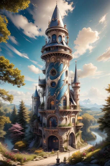 realistic analog photo, award winning photo, inclined tower MarbleStainlesssteelWorld witow, no humans, scenery, blue sky, road, nature, outdoors, RAW, highres, 8k, uhd, High Dynamic Range, tonemapping, crisp details, portcullis,