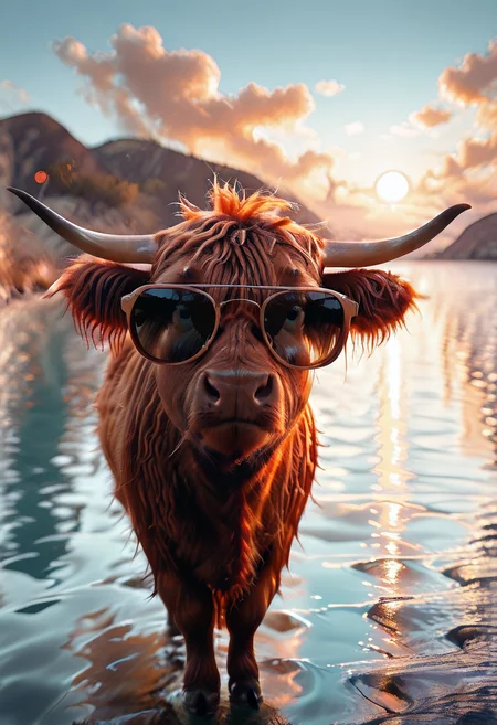 masterpiece, best quality, zzCow, looking at viewer, closed mouth, outdoors, sky, day, cloud, water, blurry, depth of field, blurry background, ocean, sunglasses, reflection, sunset, sun, clothed animal , bokeh, ,<lora:HighlandCow_IXL:1.0>, <lora:FluxieStyle_IXL:1.0>,