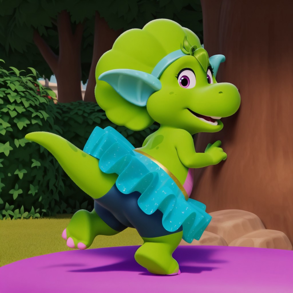 ((masterpiece, best quality, amazing quality,))  bopbwil, semi-anthro, female, dinosaur, green skin, green hair tuft, purple eyes, solo, outside, full body, blue pointy ears, blue tutu, blue bike shorts,