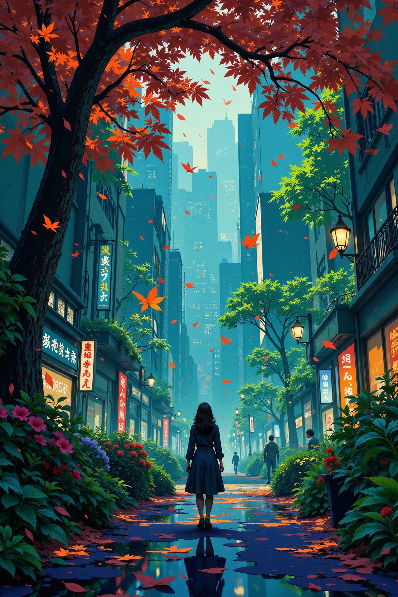 leafy city beautiful  landscape, rainy day, woman, very intricate, very detailed, sharp, bright, colorful, <lora:Hand v2:0.5> <lora:Anti-Blur:1><lora:Insane Detail Slider:0.25>  <lora:flux.1_lora_flyway_Epic-detail_v2:0.3> <lora:fluxenhancer:0.25> <lora:ROWER:0.8>  <lora:Anime_style:0.6> anime style