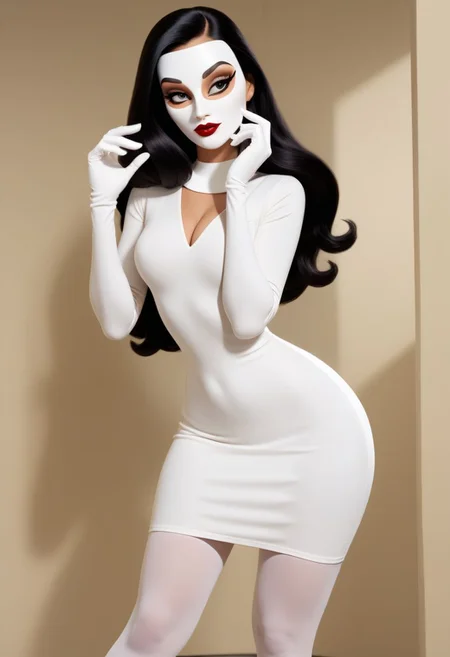 (masterpiece), high quality, 4k, Artist style: Bruce Timm, DCAU, DC comics, Western Comics,
BREAK, 1woman, Calendar Girl, Page Monroe, long hair, black hair, skintight clothing, long-sleeved dress, tights, petite, white mask, (mask:1.6), (monochromatic outfit), gloves,